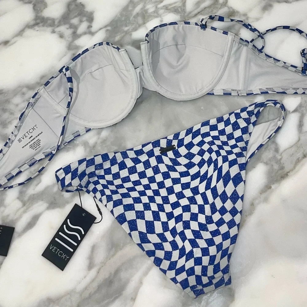 Blue Check Bandeau Bikini Set - Women Swim Bikini - Picture 6 of 8